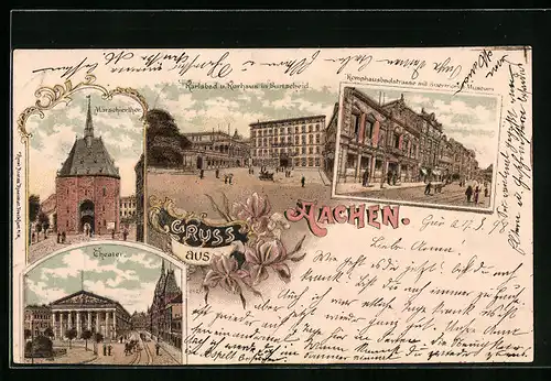 Lithographie Aachen, Theater, Marschierthor, Komphausbadstrasse