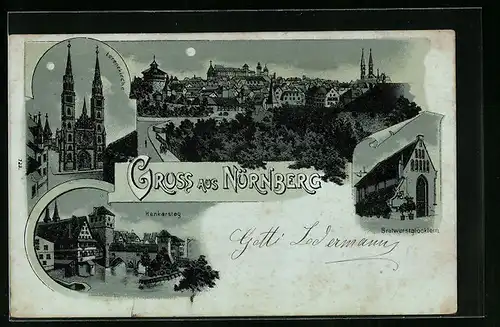 Mondschein-Lithographie Nürnberg, Henkersteg, Bratwurstglöcklein, Lorenzkirche