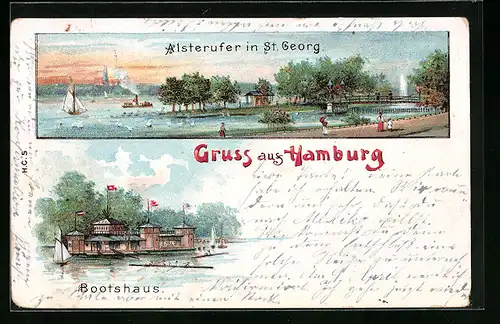 Lithographie Hamburg-St.Georg, Alsterufer in St. Georg, Bootshaus