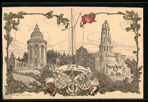 Künstler-AK Hamburg, Altona, Wandsbek, V. a. B., Wappen, Bismarck-Denkmal