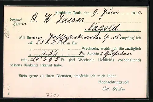 AK Kirchheim-Teck /Württemberg, Rechnung von Otto Ficker