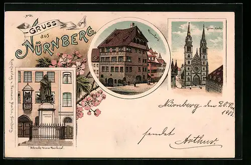 Lithographie Nürnberg, Albrecht Dürer Denkmal, Dürerhaus