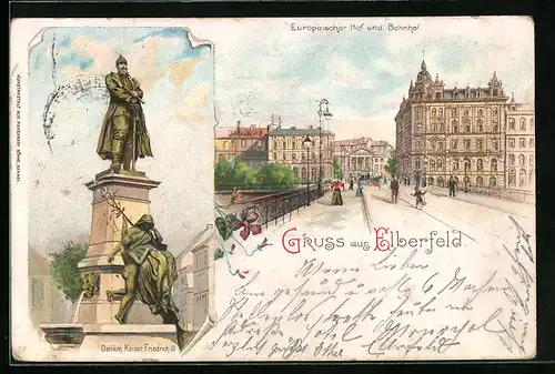 Lithographie Elberfeld, Hotel Europäischer Hof und Bahnhof, Denkmal Kaiser Friedrich III.