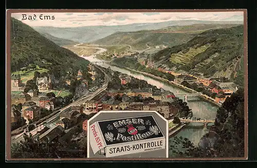 Künstler-AK Bad Ems, Ortsansicht mit Fluss, Emser Pastillen