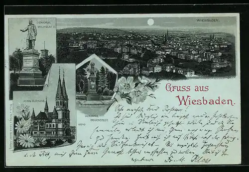 Mondschein-Lithographie Wiesbaden, Ortsansicht, Denkmal Bodenstedt, Ring Kirche, Denkmal Wilhelm I.