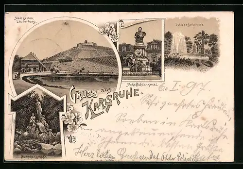 Lithographie Karlsruhe, Nymphengruppe, Scheffeldenkmal, Schlossgartensee