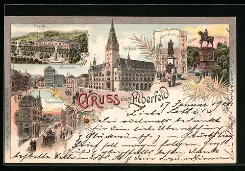 Lithographie Elberfeld, Rathaus mit Neumarkt, Kaiser Wilhelm I. Denkmal