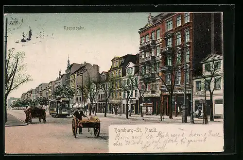 AK Hamburg-St. Pauli, Reeperbahn mit Strassenbahn und Karren