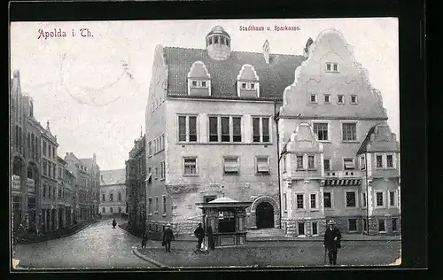 AK Apolda /Th., Ortspartie mit Stadthaus und Sparkasse
