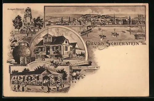 Künstler-AK Schierstein /Rh., Ortsansicht vom Wasser aus, Gasthaus Albert Ermert Ww. mit Garten