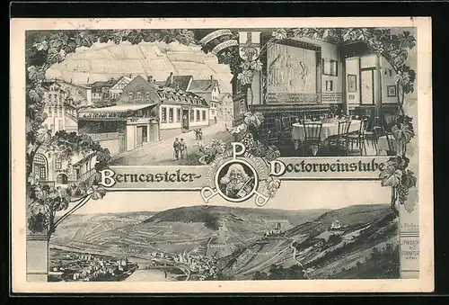 AK Berncastel-Cues, Gesamtansicht, Strassenpartie mit Gasthaus Berncasteler Doctorweinstube