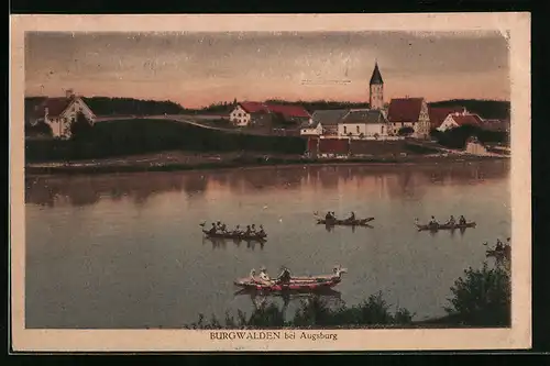 AK Burgwalden bei Augsburg, Panorama mit Ruderbooten