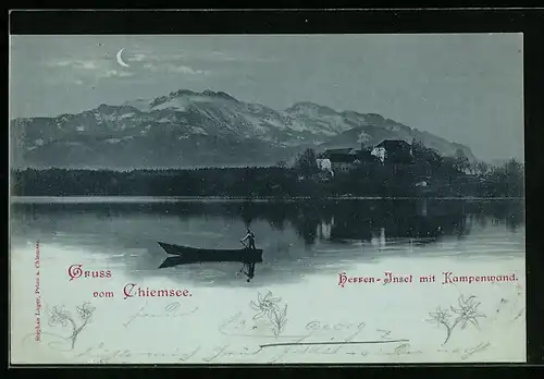Mondschein-AK Chiemsee, Herren-Insel mit Kampenwand