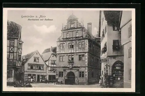 AK Gemünden a. Main, Marktplatz mit Rathaus