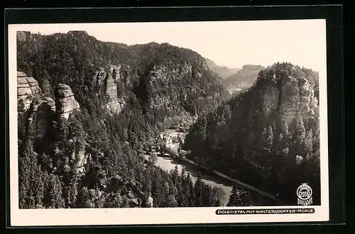 Foto-AK Walter Hahn, Dresden, Nr. 2918: Polenztal, Blick auf Waltersdorfer-Mühle