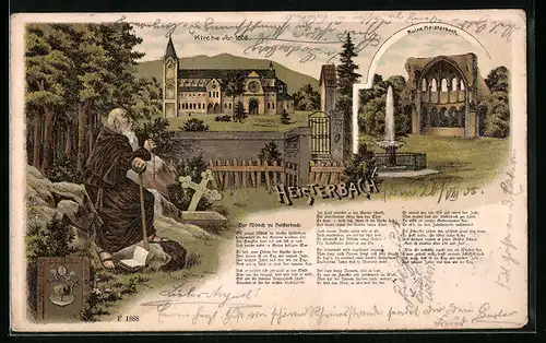 Lithographie Heisterbach, Ruine Heisterbach, Kirche, Mönch