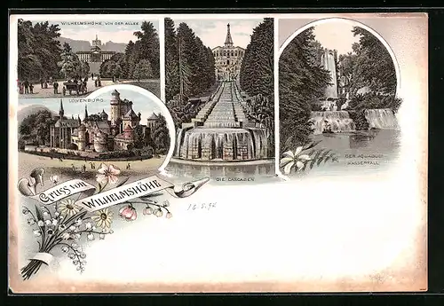 Lithographie Kassel-Wilhelmshöhe, Cascaden, Löwenburg, Schloss Wilhelmshöhe