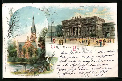 Lithographie Berlin, Kaiser-Friedrich-Palast, Kaiser-Friedrich-Gedächtsniskirche