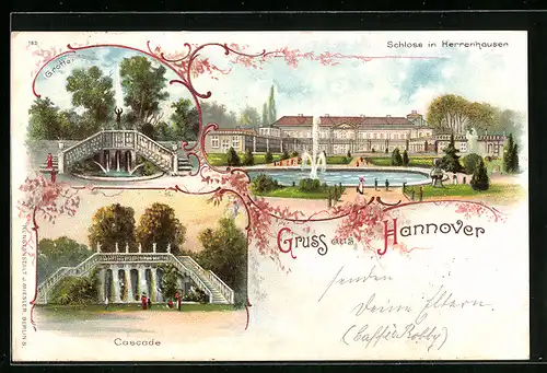 Lithographie Hannover, Cascade, Grotte, Schloss Herrenhausen