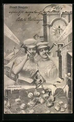 Künstler-AK Charles Scolik: Zwei junge Damen mit Tröten, Neujahrsgruss