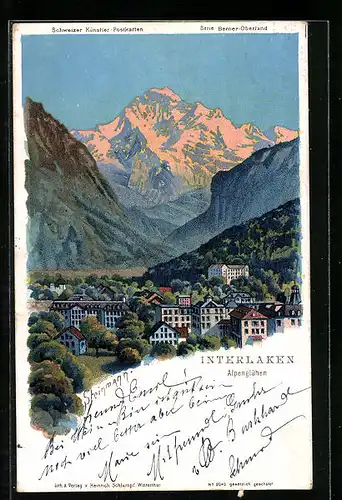 Künstler-AK C. Steinmann Nr. 2040: Interlaken, Ortsansicht mit Alpenglühen