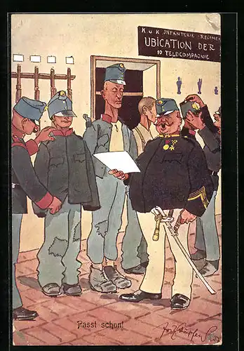 Künstler-AK Fritz Schönpflug: Passt schon!, Soldaten bei der Musterung