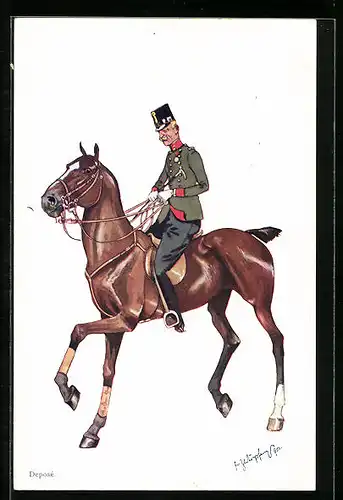 Künstler-AK Fritz Schönpflug: Greisenhafter zierlicher Soldat auf einem Pferd, Karikatur