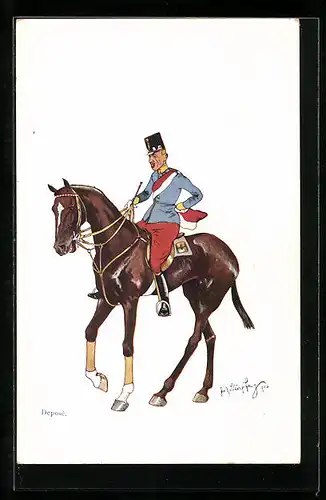 Künstler-AK Fritz Schönpflug: Zierlicher Soldat auf tänzelndem Pferd, Karikatur
