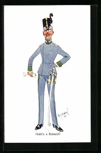 Künstler-AK Fritz Schönpflug: Habts a Schneid?, Soldat mit Monokel und Zigarette, Karikatur