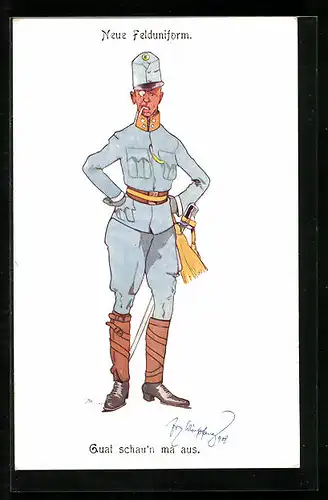 Künstler-AK Fritz Schönpflug: Guat schaun ma aus, Soldat in neuer Felduniform, Karikatur