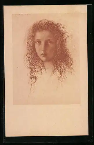 Künstler-AK Walter Schachinger: Mädchen mit langen Locken, Rötelzeichnung