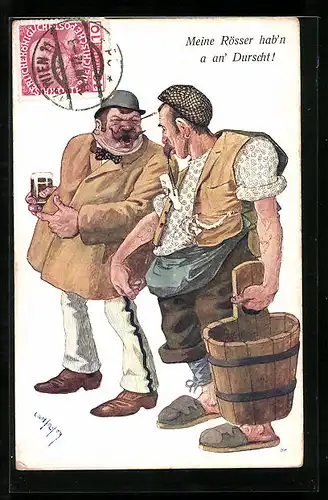 Künstler-AK Carl Josef Pollak: Meine Rösser habn a an Duscht!, Trinker und Wirt