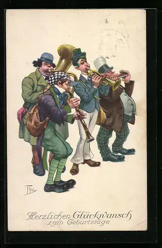 Künstler-AK Arthur Thiele: Bläsergruppe beim Geburtstagsständchen