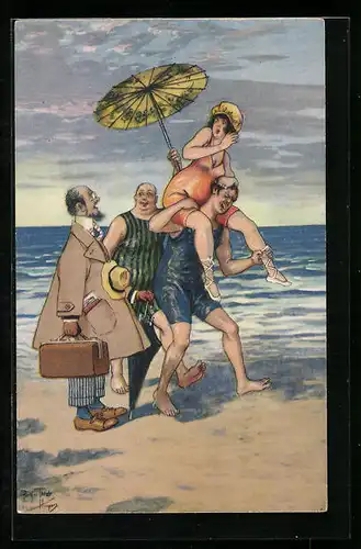 Künstler-AK Arthur Thiele: Herr im Mantel und Gruppe in Strandkleidung am Meer