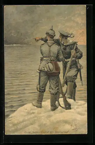 Künstler-AK Arthur Thiele: Zwei Seelen und ein Gedanke, Soldaten am Meer