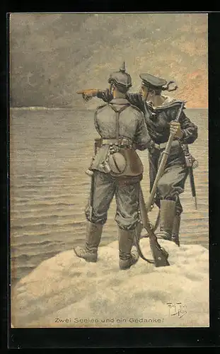 Künstler-AK Arthur Thiele: Infanterie-und Marinesoldat mit dem gleichen Gedanken