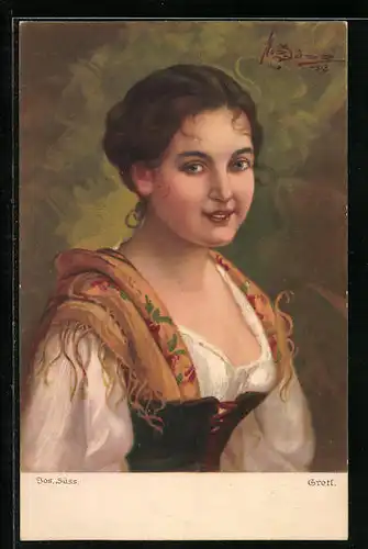 Künstler-AK Josef Süss: Gretl, Junge Dame im Dirndl