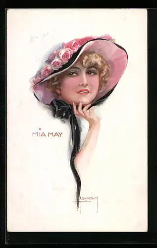 Künstler-AK Luis Usabal: Mia May, Junge Dame mit Blumenhut