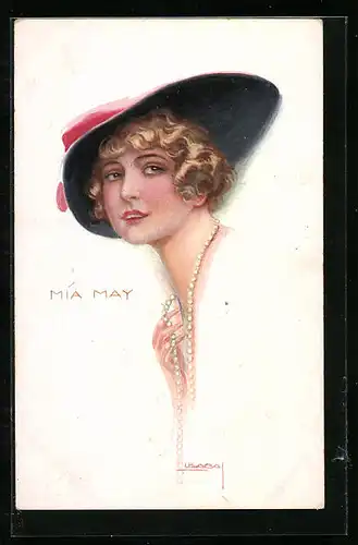 Künstler-AK Luis Usabal: Mia May, Junge Dame mit Perlenkette und Hut