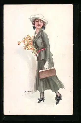 Künstler-AK Luis Usabal: Junge Dame im Kostüm mit Rosen und Köfferchen