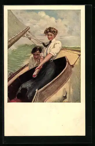 Künstler-AK Clarence F. Underwood: Junges Paar auf einem Segelboot