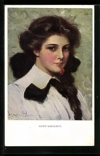 Künstler-AK Clarence F. Underwood: Reife Kirschen im Mund einer jungen Frau