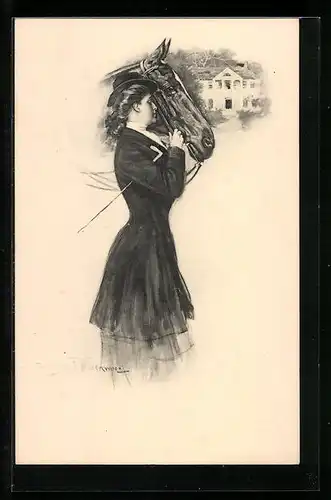 Künstler-AK Clarence F. Underwood: Junge Dame mit Reitpferd