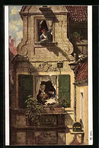 Künstler-AK Carl Spitzweg: Liebespost aus dem Fenster