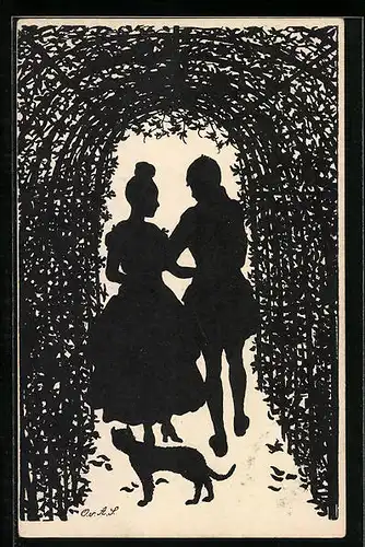 Künstler-AK Ov. Alt-Stutterheim: Liebspaar unter Gartenspalier, Schattenbild