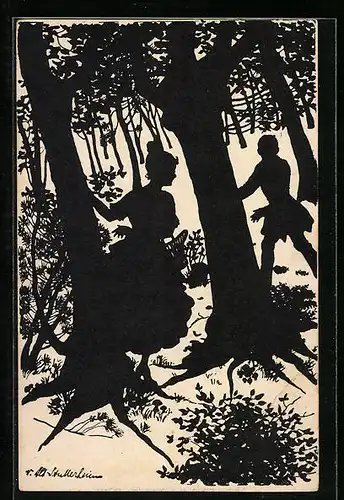 Künstler-AK Ov. Alt-Stutterheim: Paar beim Spiel im Wald, Schattenbild