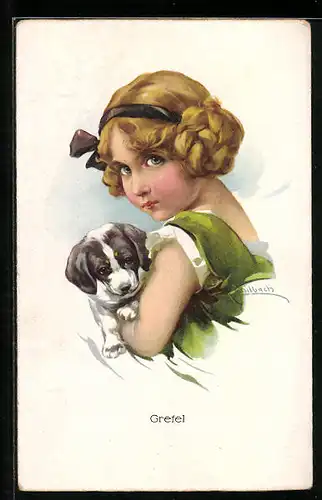 Künstler-AK Schilbach: Gretel mit Hundewelpen