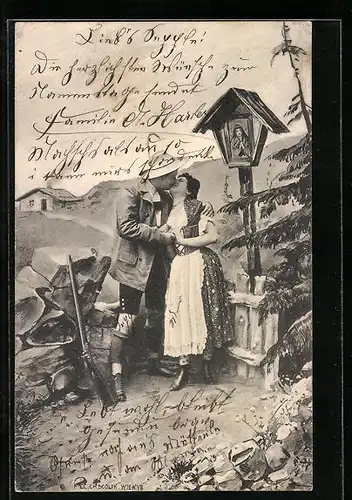 Künstler-AK Charles Scolik: Trachtenpaaar beim Kuss