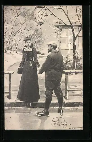 Künstler-AK Charles Scolik: Herr in Schlittschuhen im Gespräch mit einer Dame