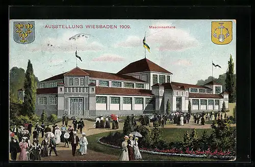 AK Wiesbaden, Ausstellung 1909, Maschinenhalle, Wappen